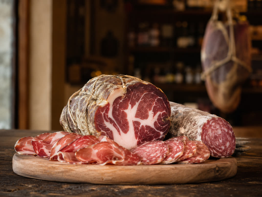 Salami e capocollo interi e affettati su un tagliere di legno