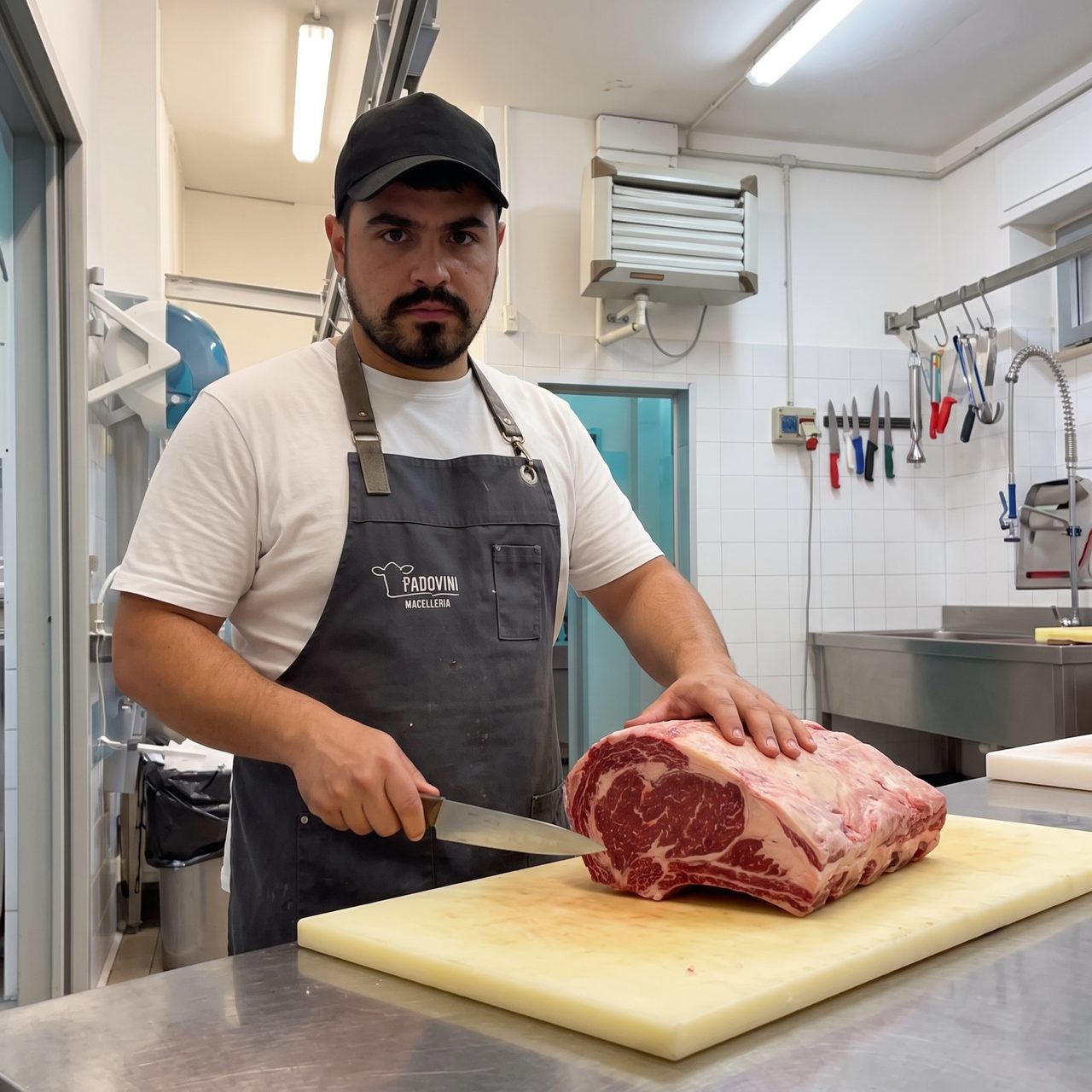 Il macellaio col grembiule Padovini taglia una lombata di manzo nel laboratorio