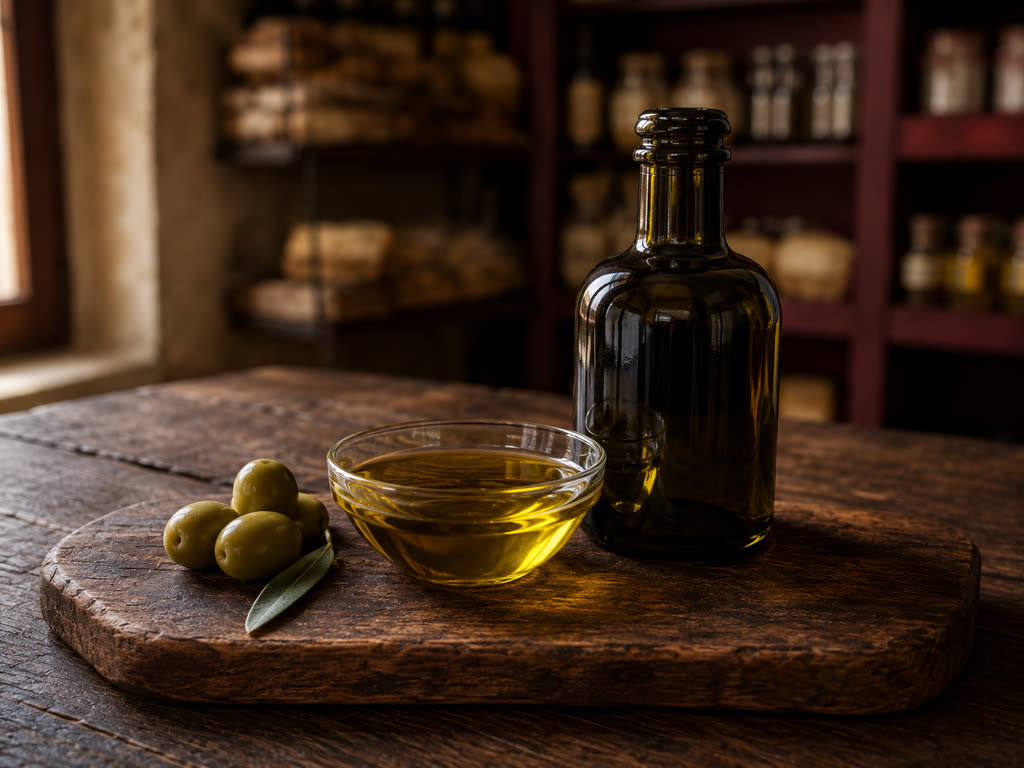 Una bottiglia di vetro scuro e una ciotolina di olio dorato, con olive e una foglia di ulivo