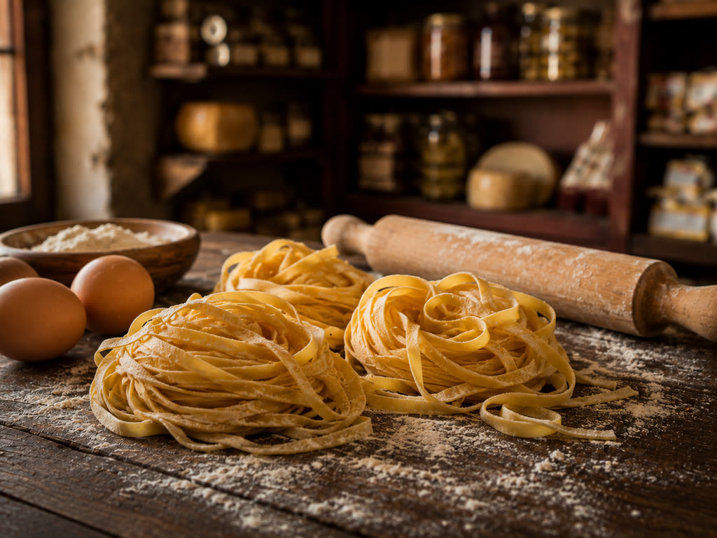 Tagliatelle fresche a nido su una tavola infarinata, con un mattarello e le uova accanto
