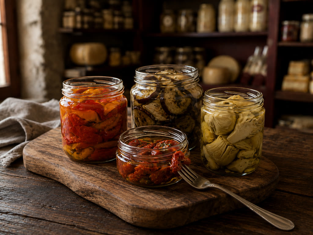 Vasetti di verdure sott'olio — peperoni, melanzane e carciofini — uno aperto con una forchetta