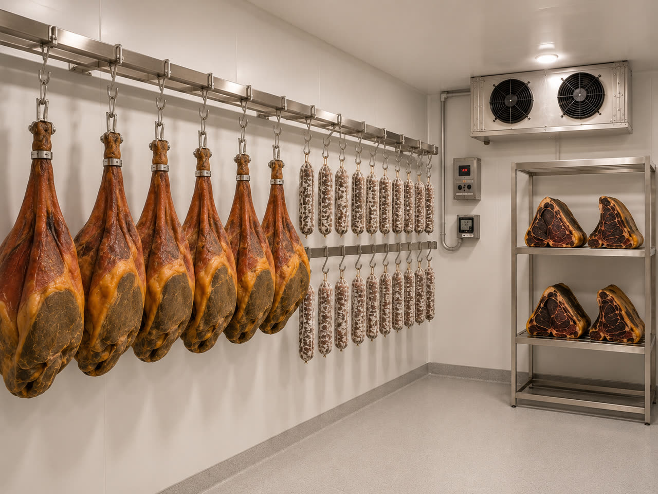 Salumi e prosciutti appesi ai binari d'acciaio di una cella di stagionatura, con le lombate in frollatura sullo scaffale inox