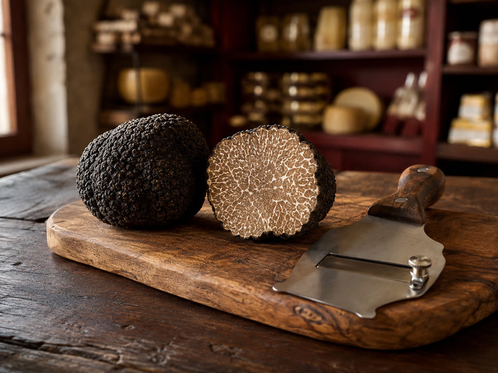 Un tartufo nero intero e uno tagliato a meta' su un tagliere di legno, con il coltello da tartufo accanto